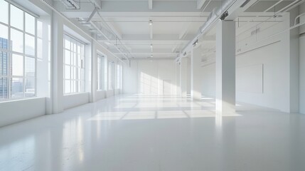 Fototapeta premium Modern white interior, empty and bright, natural light enhancing space, suitable for presentations and displays