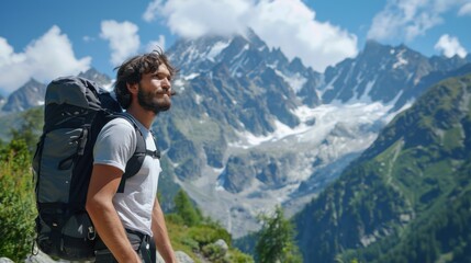 A male hiker with a backpack looks at a mountain during a sunny day, surrounded by lush green vegetation and a clear blue sky with scattered clouds.