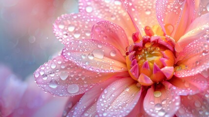 Pink flower with dewdrops, close-up, focusing on delicate petals and bright, pollen-laden stamens, vivid and natural, photo-realistic