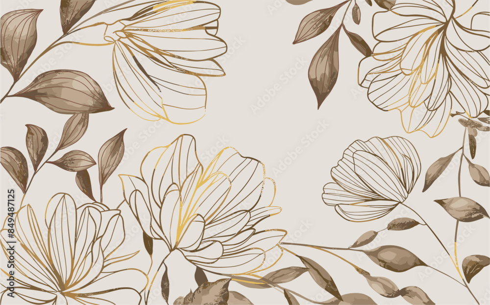 Wall mural Elegant floral pattern in gold and beige colors. Flowers are leaves outline drawing. Background, banner, wallpaper design. Vector monochrome illustration.