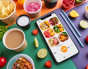 Modern food delivery mobile app kit template featuring a sleek user interface design, vibrant color scheme, and ample copy space for text