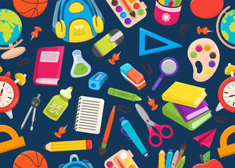 Seamless pattern on the theme of school in cartoon. School objects, books, school supplies