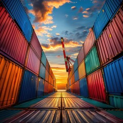 Fototapeta premium photo of Container ship carrying container box in import export with quay crane