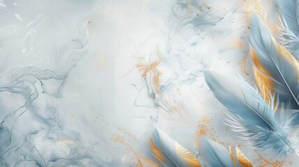 Fototapeta premium Abstract Blue and Gold Feathers on Marble Background Luxury Art Print