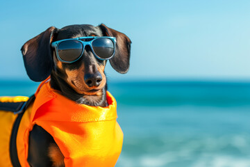 Cool Dachshund ready for a summer beach day with sunglasses and orange life vest