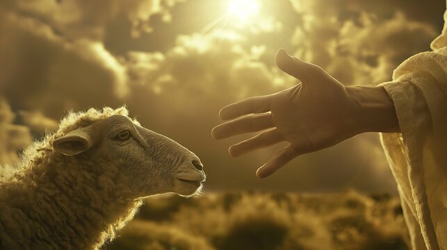 Jesus Christ hand reaching for lost lamb to save