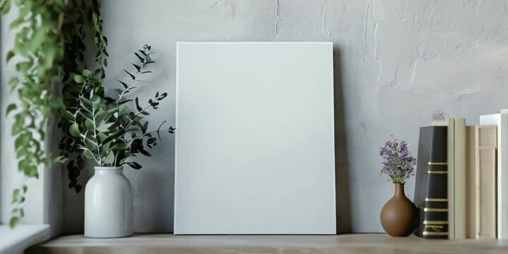 Video mockup of black canvas or picture frame for small poster in shelf in white minimalistic interior. With cold day light