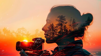 Detailed portrait of a photographer with a camera, combined with a beautiful landscape and light trails, rich hues, Double exposure silhouette with nature capture