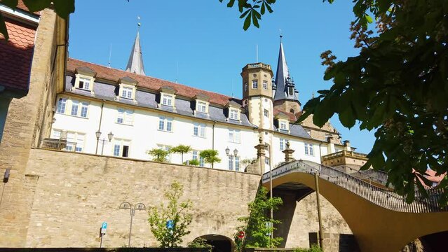 Castle and church tower of the town Oehringen in Germany