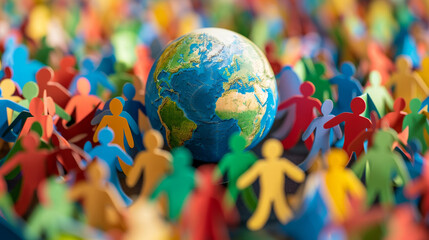 Fototapeta premium A group of papercut people holding hands around a globe, world population day and global unity concept