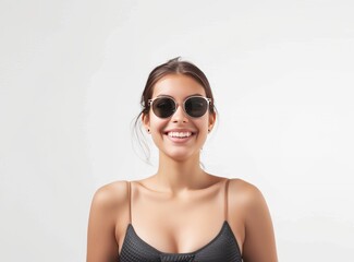 Naklejka premium portrait girl smiling with sunglasses and bikini isolated on white background