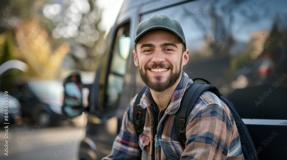 Poster A man with a backpack is smiling and posing for a picture