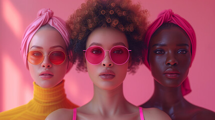 Obraz premium Three diverse women posing confidently against a pink background.