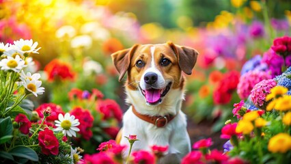 Beautiful cute dog playing among vibrant colorful flowers in a garden, adorable, playful, pet, dog, outdoors, garden, nature