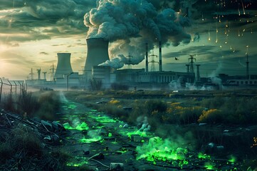 Radioactive disaster at a nuclear power plant. Ecology, radioactive pollution and environmental issues concept. Digital illustration for wallpaper, poster, banner