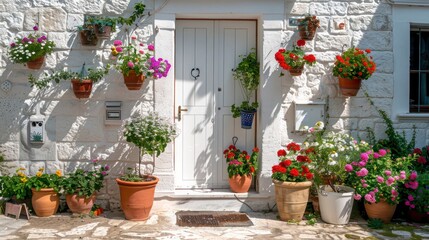 Fototapeta premium A white front door featuring a few small, rectangular decorative windows, flanked by elegant flower pots on either side.