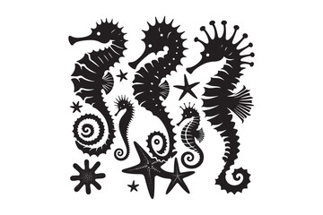 Seahorses and starfish silhouette Vector Illustration 