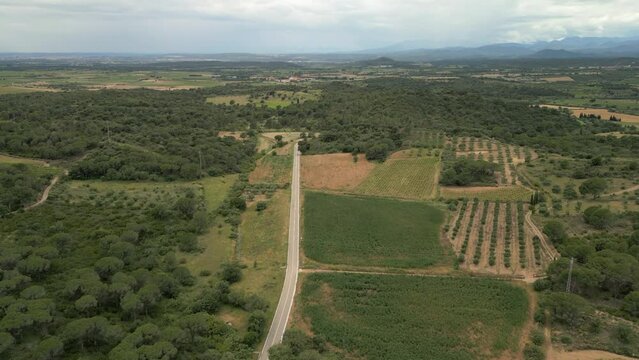 Aerial drone images of Rabos, a small medieval town in the mountains of Catalonia in Spain, surrounded by green vineyards
