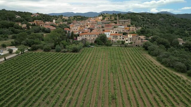 Aerial drone images of Rabos, a small medieval town in the mountains of Catalonia in Spain, surrounded by green vineyards