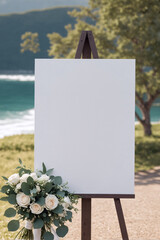 Wooden white boards stand in elegant wedding entrance as welcome sign. Blank frame, molbelt for celebration decoration, message, greeting guest