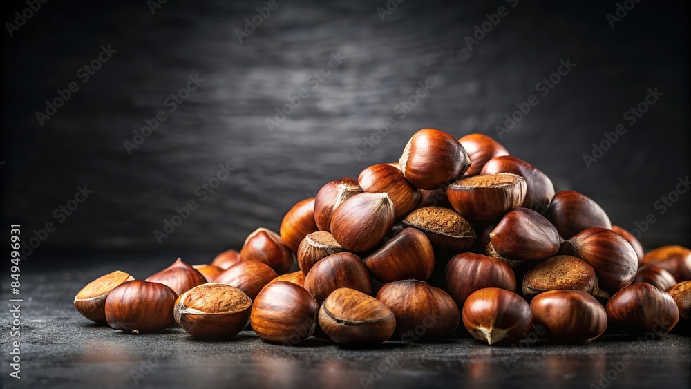 Wall mural a pile of chestnuts on a black surface with a dark background, chestnuts, food, autumn, harvest, org - Wall murals