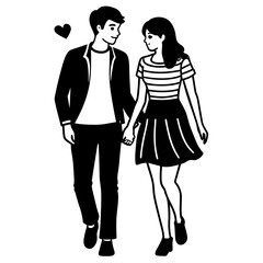 Teen romantic couple walking vector silhouette