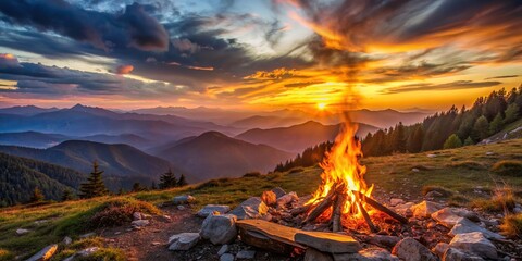 Bonfire glowing during evening hike with stunning sunset view of mountains , Bonfire, hike, evening, sunset, mountains, view