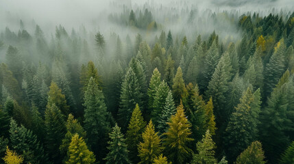 drone photo of a forest in the Pacific Northwest on a foggy day,