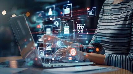 Digital marketing media (website ad, email, social network, SEO, video, mobile app) E-commerce and online shopping concept with icons, Pay Per Click (PPC) dashboard, business technology development 