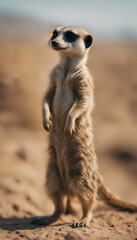 Fototapeta premium A meerkat stands on its hind legs in the arid Desert looking for food