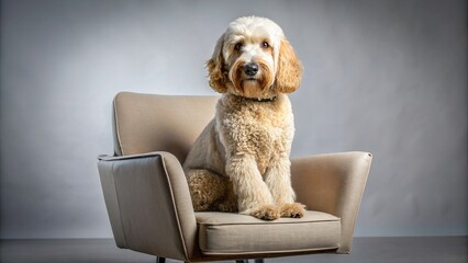 Goldendoodle confidently posing on a modern designer chair, Goldendoodle, dog, pet, confident, cute, modern, designer chair