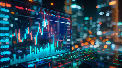 Fototapeta premium Stock market chart hologram drawn on personal computer background , business investing and data concept with digital financial chart graphs, diagrams and indicators on dark blue blurry background