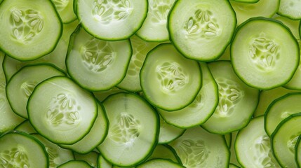 Close up image of sliced cucumbers showing the texture of fresh round green cucumbers