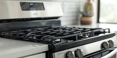 Closeup of gas stove in a modern white kitchen interior