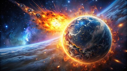 A catastrophic planet explosion in space, causing cosmic devastation, apocalypse, explosion, destruction, planet, space