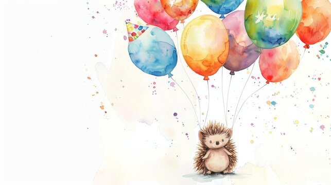Cute watercolor illustration of a baby hedgehog with watercolor balloons.