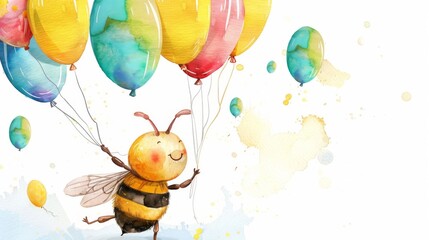 Cute watercolor illustration of a bee holding on to a bunch of balloons in the sky