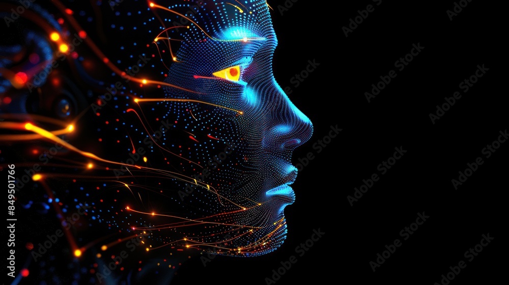 Wall mural futuristic humanoid head with dynamic neon neural network on dark background. generative ai image