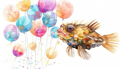 Fototapeta premium Cute watercolor illustration of a happy fish holding bunch of balloons in its mouth.