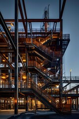 Fototapeta premium A high-tech industrial plant with two tall, towering pipes emitting steam at sunset. The scene is illuminated by the soft glow of twilight, 