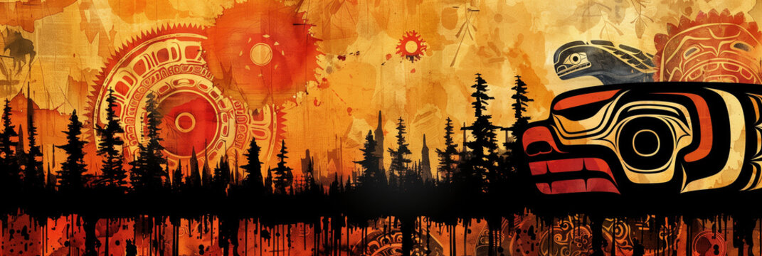 Native American inspired abstract art with nature elements, concept of culture and heritage