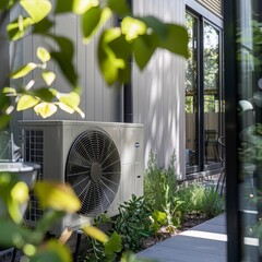 Close up of heat pump of air conditioner on outdoor of courtyard with green plants in bright day