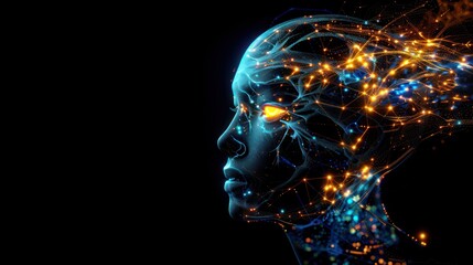 Obraz premium Futuristic humanoid head with dynamic neon neural network on dark background. generative AI image