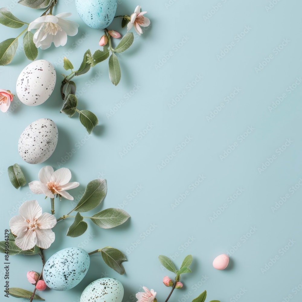 Wall mural easter eggs with pastel flowers and leaves on a soft blue background