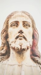Obraz premium An old Catholic art portraiture of Jesus, depicted head-on against a white background. The traditional style captures the solemn and divine nature of Jesus. 