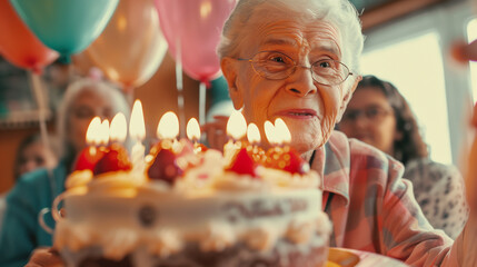 Birthday party of senior woman with balloons and birthday cake