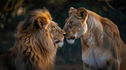Fototapeta premium Male and female lions displaying affection towards each other