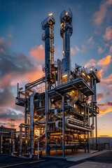 A high-tech industrial plant with two tall, towering pipes emitting steam at sunset. The scene is illuminated by the soft glow of twilight, 