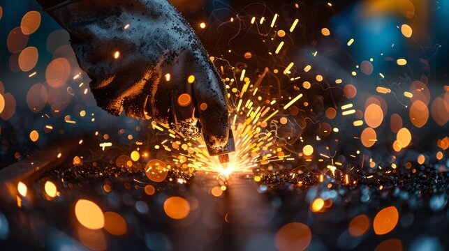 close up hand of a welder holding a welding torch, sparks flying as the metal is fused together, showcasing the intense concentration and skill in welding