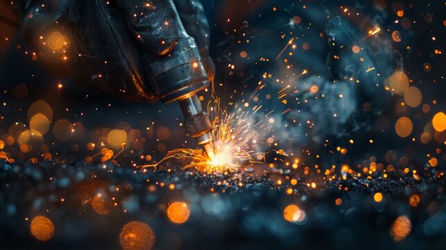 close up hand of a welder holding a welding torch, sparks flying as the metal is fused together, showcasing the intense concentration and skill in welding